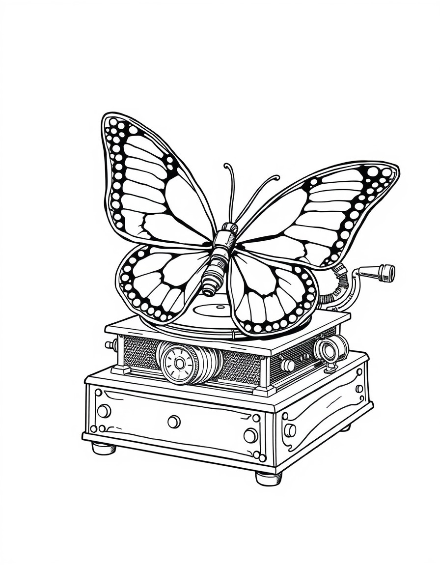 Create a detailed black and white line art in steampunk style. The main subject is a mechanical gramophone seamlessly merged with a butterfly. The composition should include Main elements  A vintage g