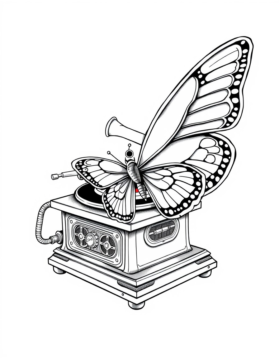 Create a detailed black and white line art in steampunk style. The main subject is a mechanical gramophone seamlessly merged with a butterfly. The composition should include Main elements  A vintage g