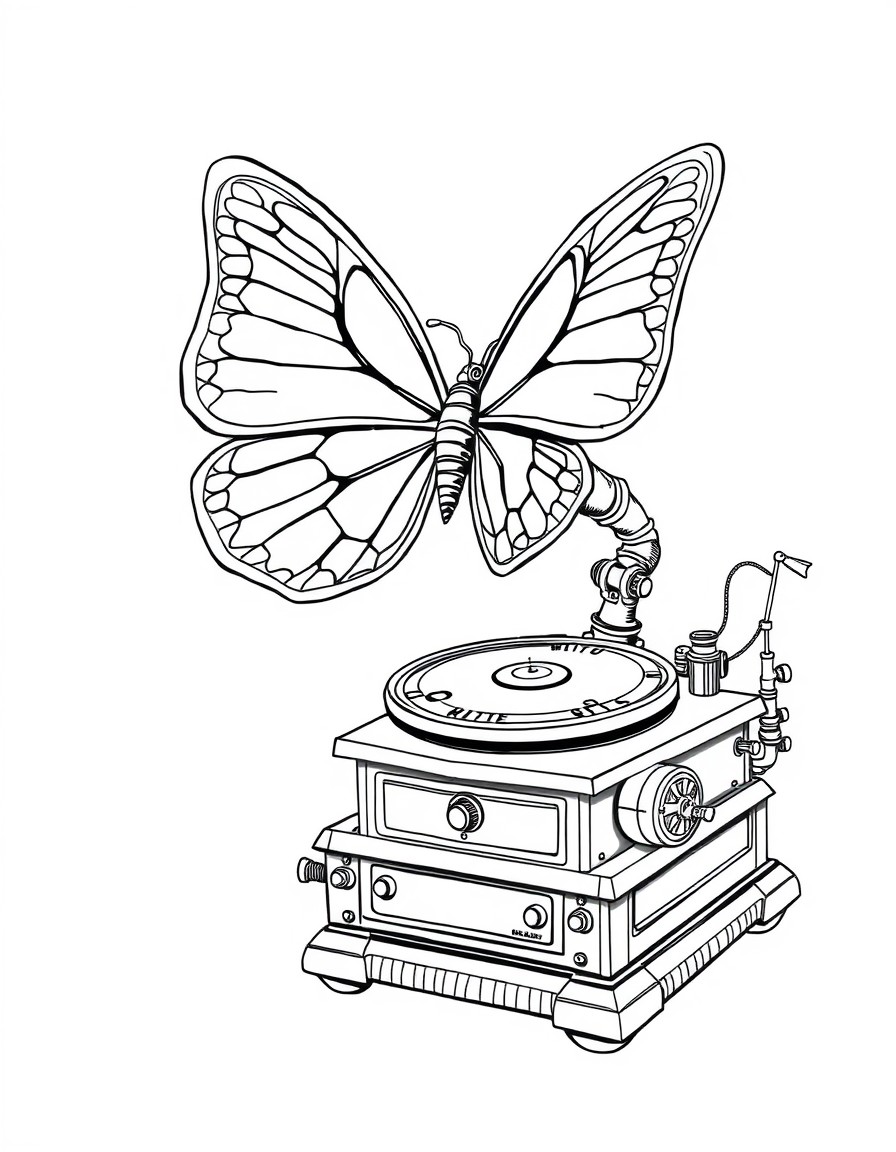 Create a detailed black and white line art in steampunk style. The main subject is a mechanical gramophone seamlessly merged with a butterfly. The composition should include Main elements  A vintage g