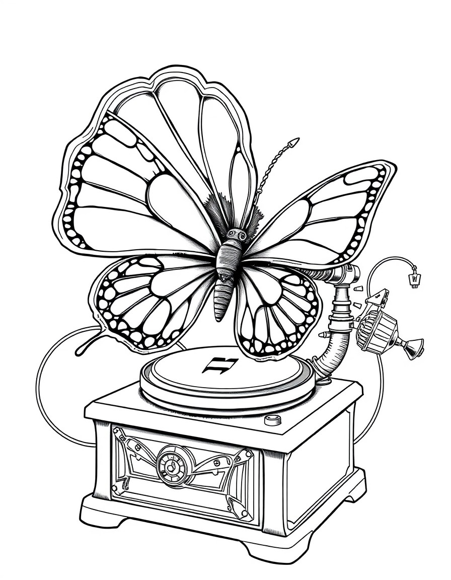 Create a detailed black and white line art in steampunk style. The main subject is a mechanical gramophone seamlessly merged with a butterfly. The composition should include Main elements  A vintage g