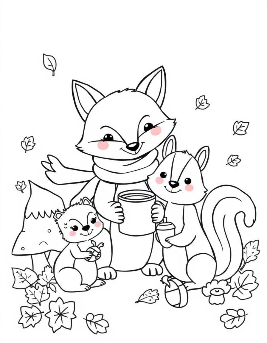 Create a cozy woodland scene with a playful fox wearing a scarf a little hedgehog holding a cup of hot cocoa and a cheerful squirrel holding an acorn surrounded by autumn leaves and mushrooms. Add a s