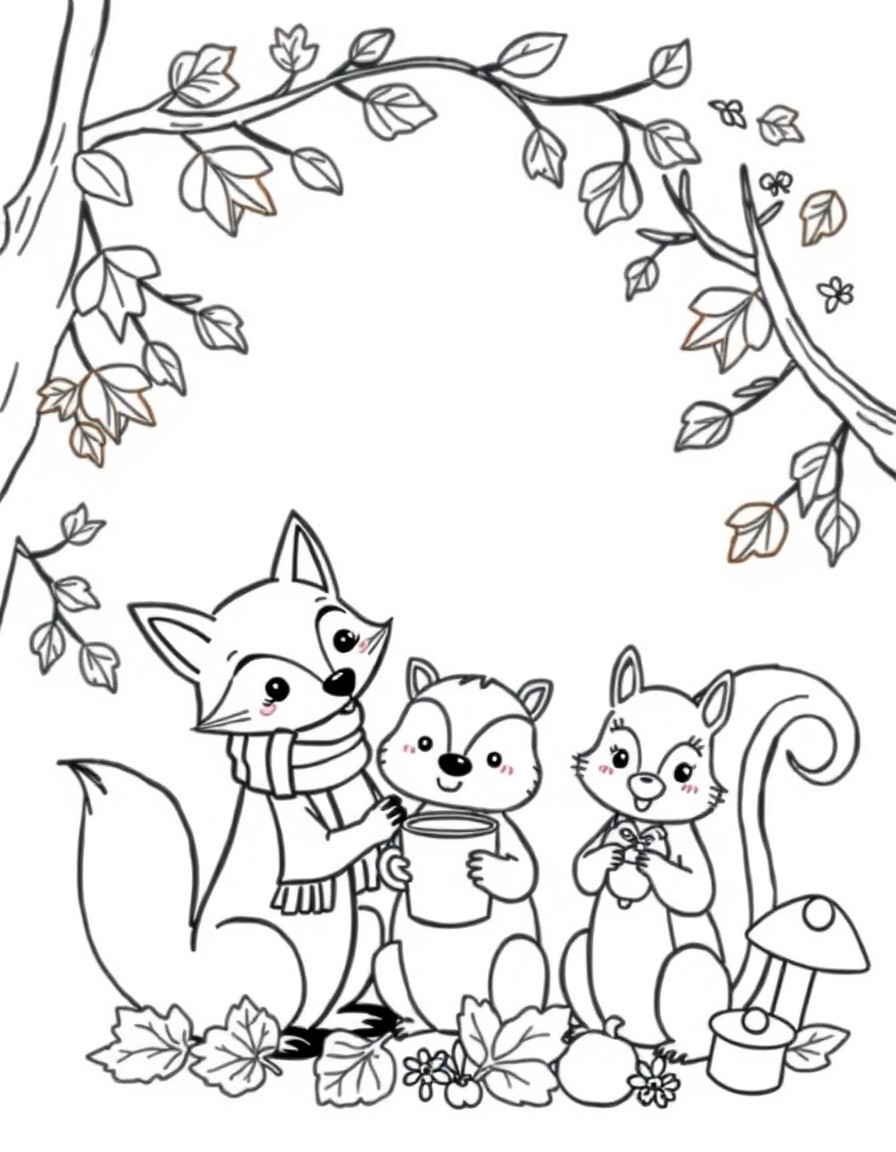 Create a cozy woodland scene with a playful fox wearing a scarf a little hedgehog holding a cup of hot cocoa and a cheerful squirrel holding an acorn surrounded by autumn leaves and mushrooms. Add a s