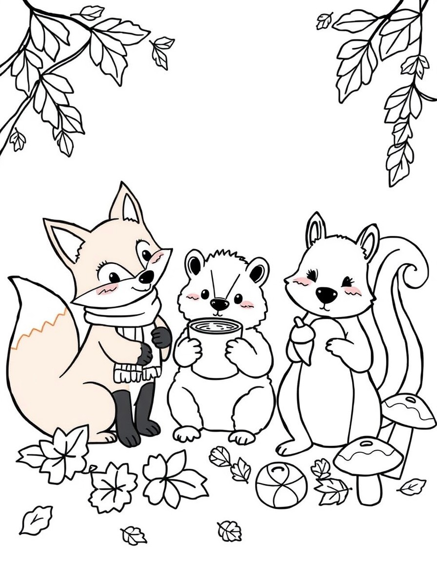 Create a cozy woodland scene with a playful fox wearing a scarf a little hedgehog holding a cup of hot cocoa and a cheerful squirrel holding an acorn surrounded by autumn leaves and mushrooms. Add a s