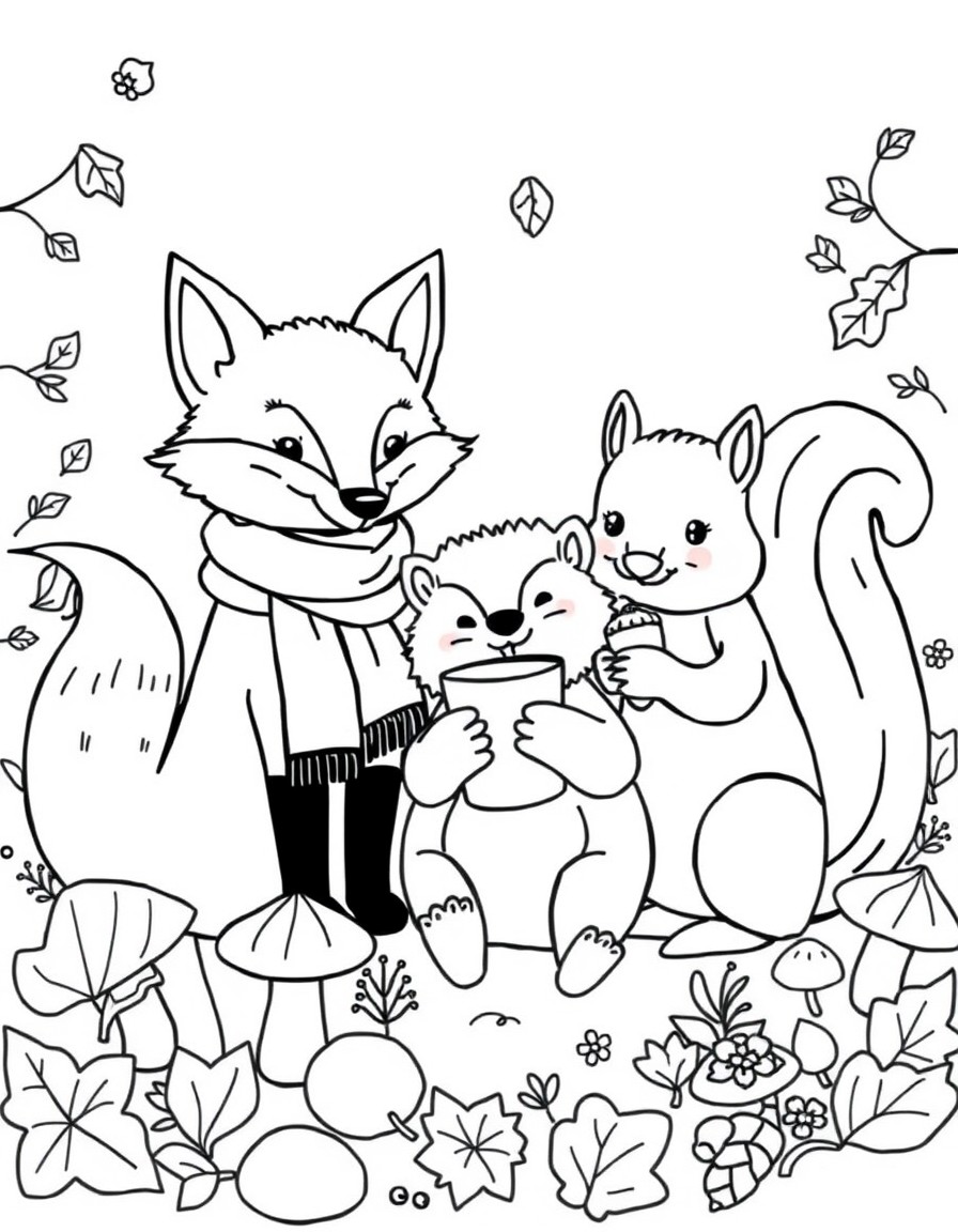 Create a cozy woodland scene with a playful fox wearing a scarf a little hedgehog holding a cup of hot cocoa and a cheerful squirrel holding an acorn surrounded by autumn leaves and mushrooms. Add a s