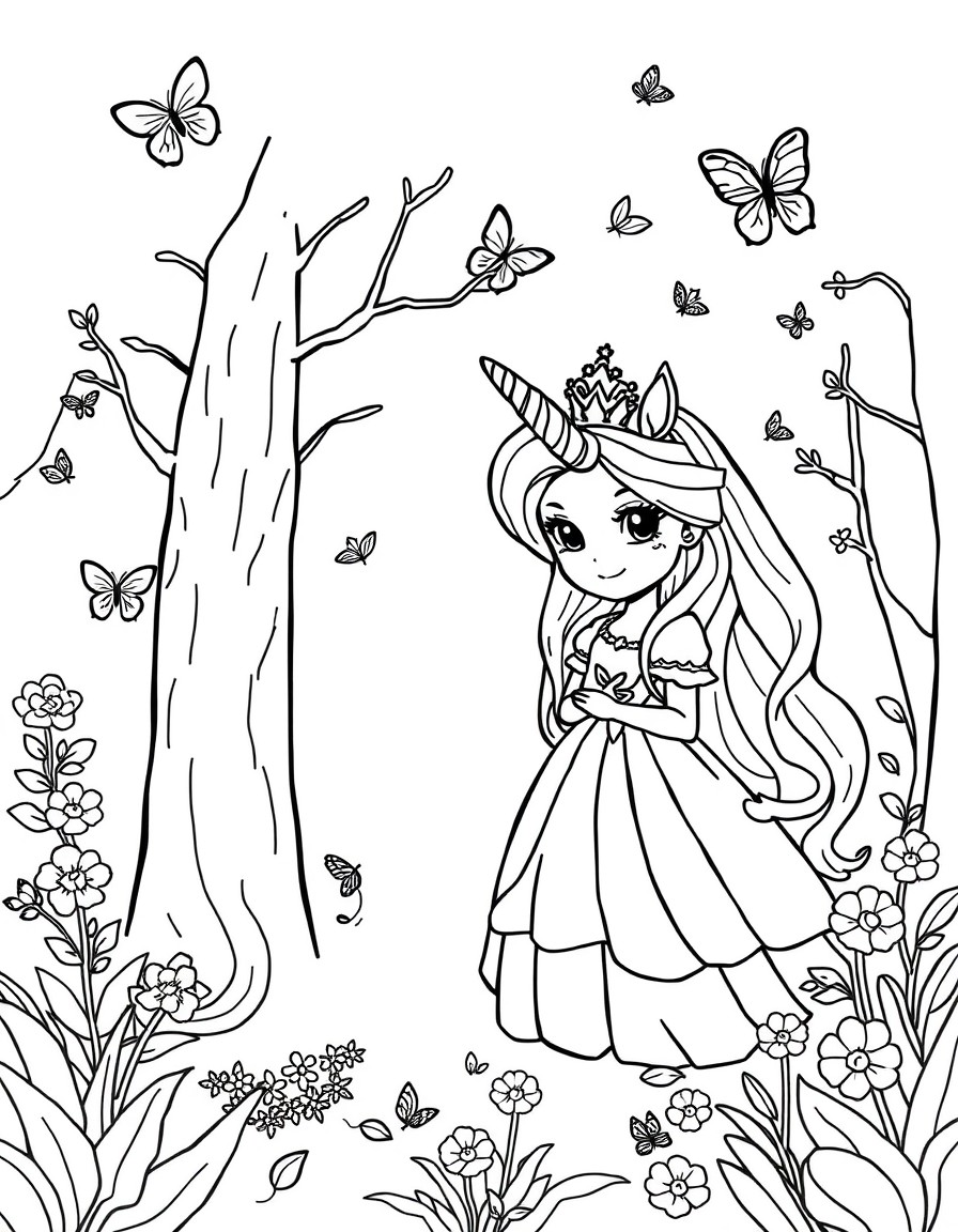 a cute unicorn and a princess in a forest and butterflies