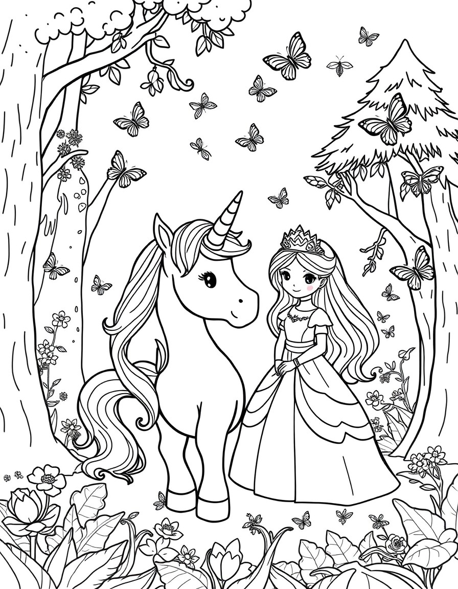 a cute unicorn and a princess in a forest and butterflies