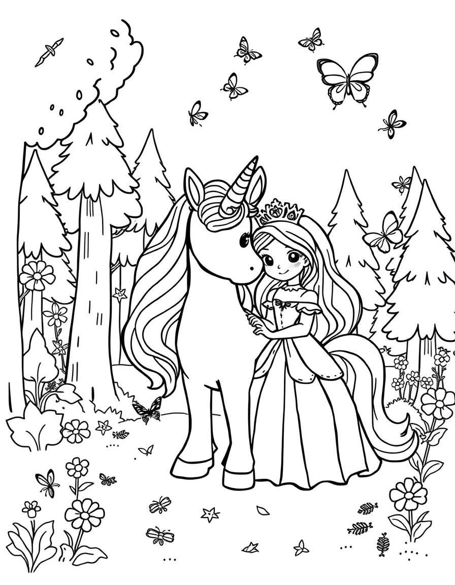 a cute unicorn and a princess in a forest and butterflies