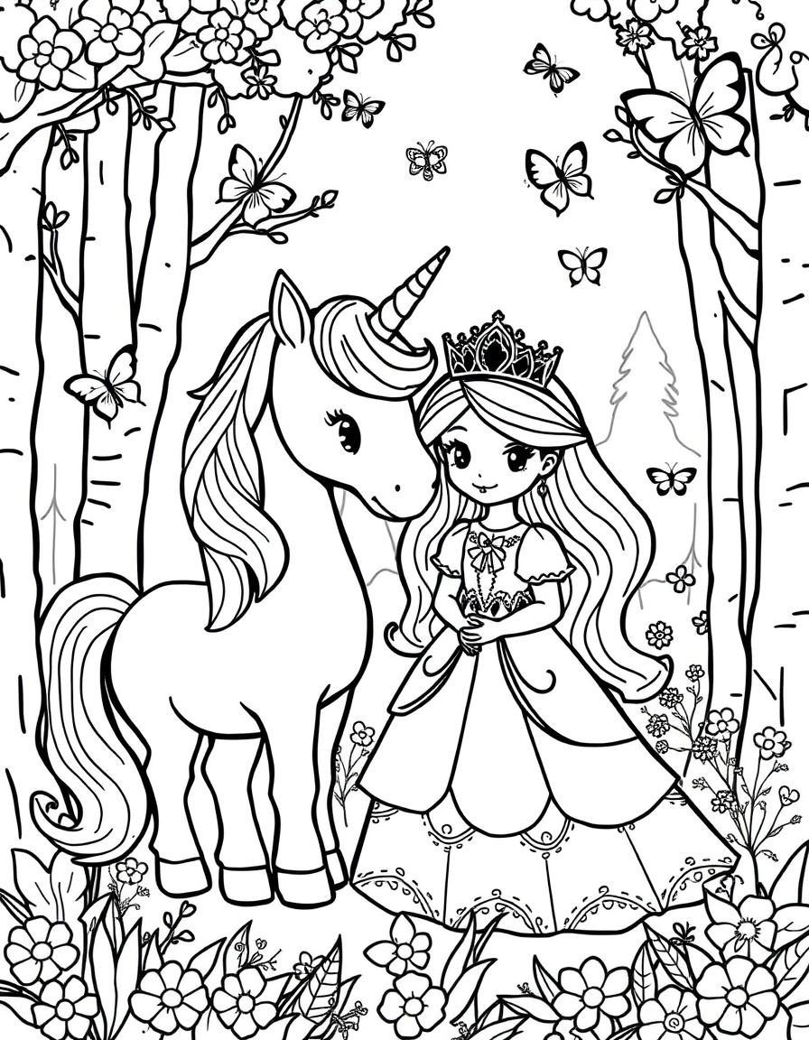 a cute unicorn and a princess in a forest and butterflies