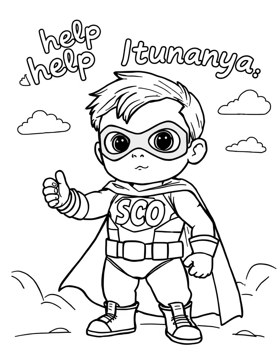 Tiny superhero with the name 'SCO' on his chest with the words 'help Itunanya' in the sky
