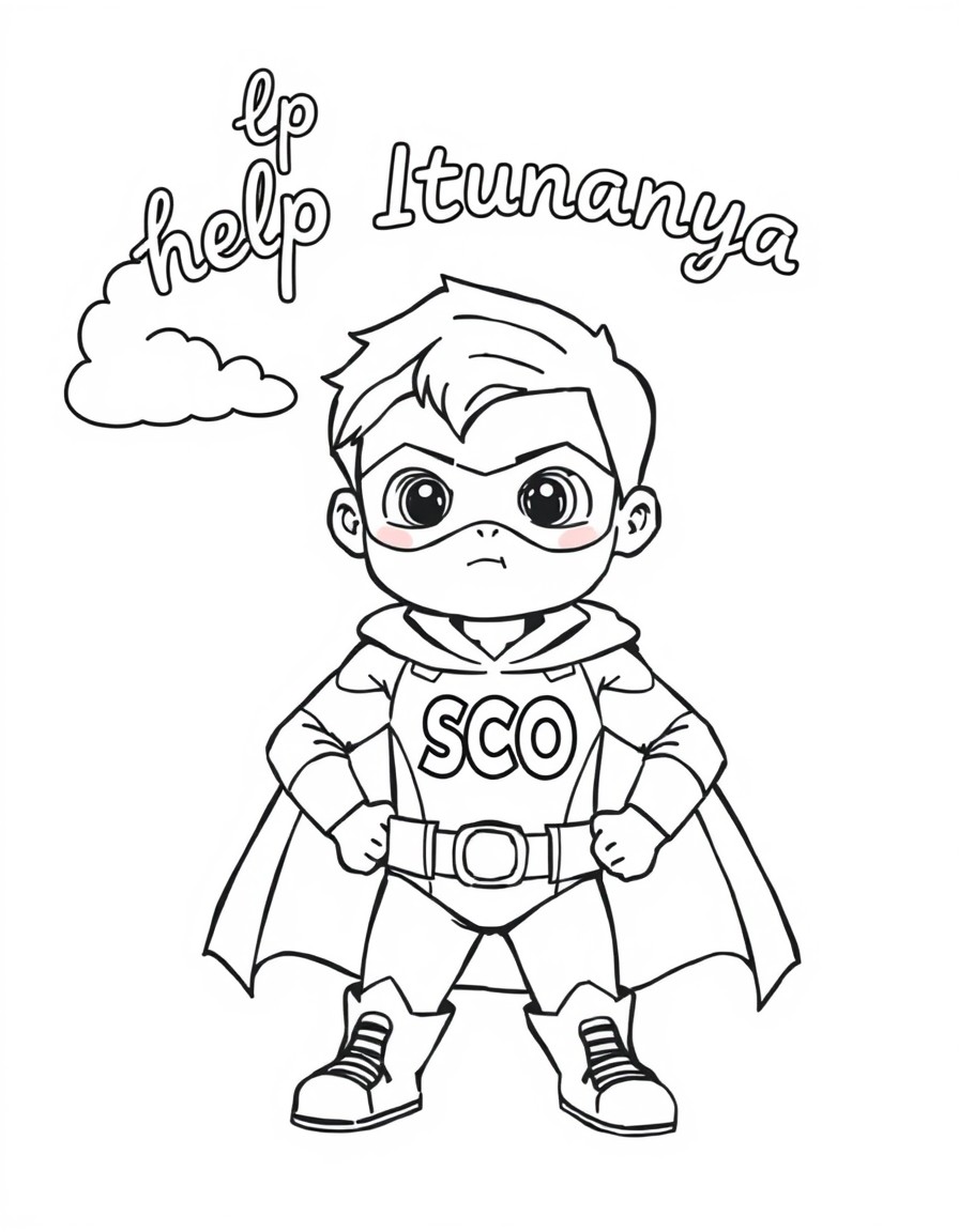 Tiny superhero with the name 'SCO' on his chest with the words 'help Itunanya' in the sky