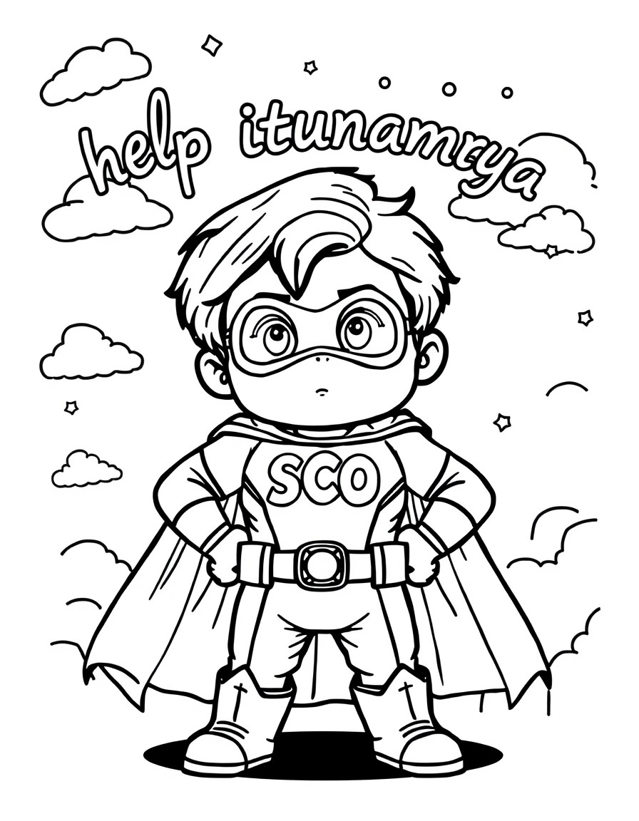 Tiny superhero with the name 'SCO' on his chest with the words 'help Itunanya' in the sky