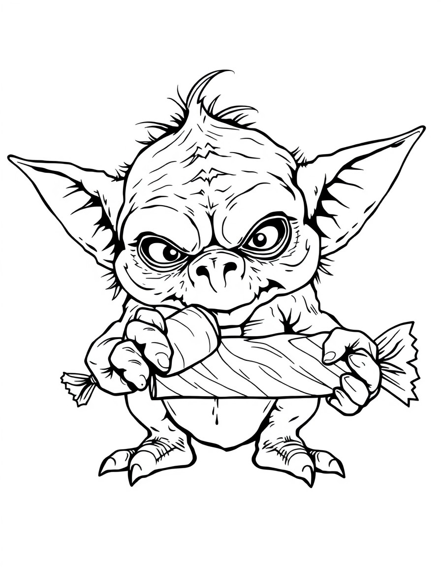 Creepy gremlin eating a candy bar