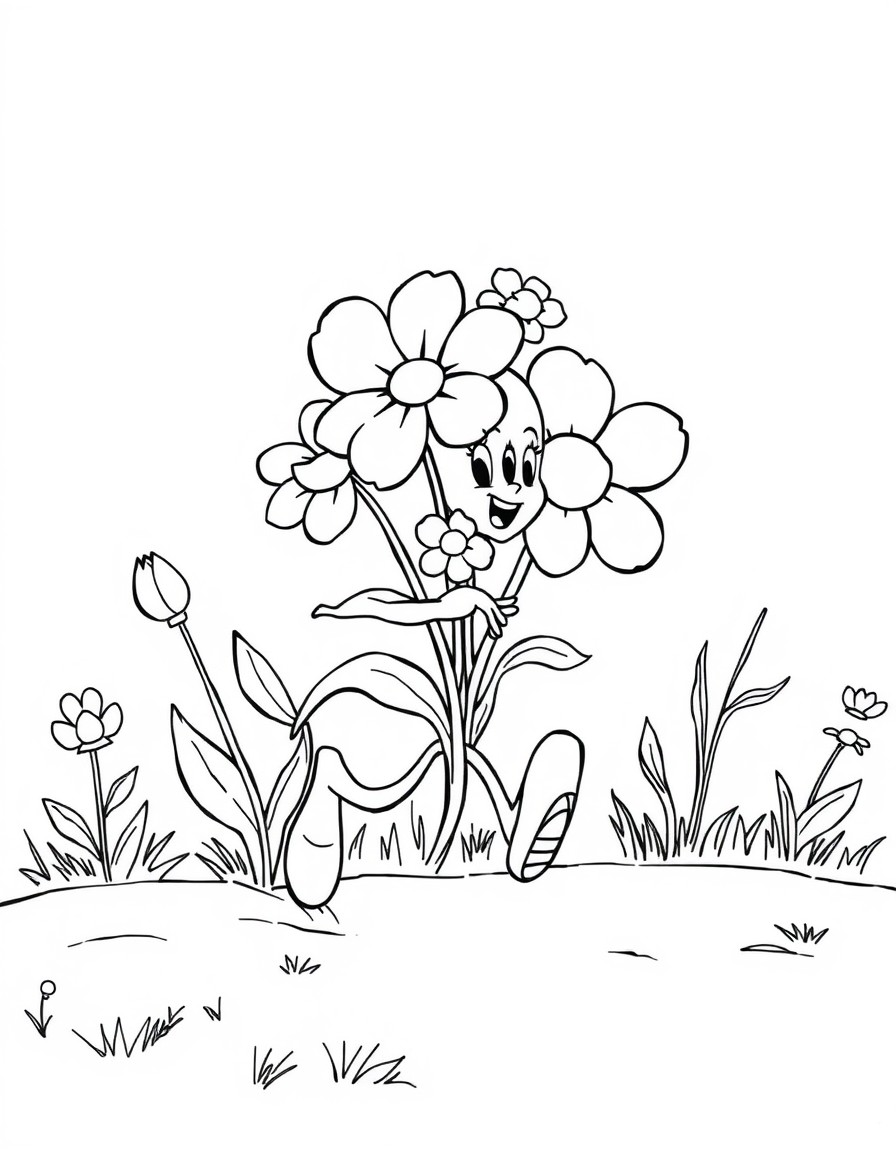 Sweet flowers running a race in cartoon