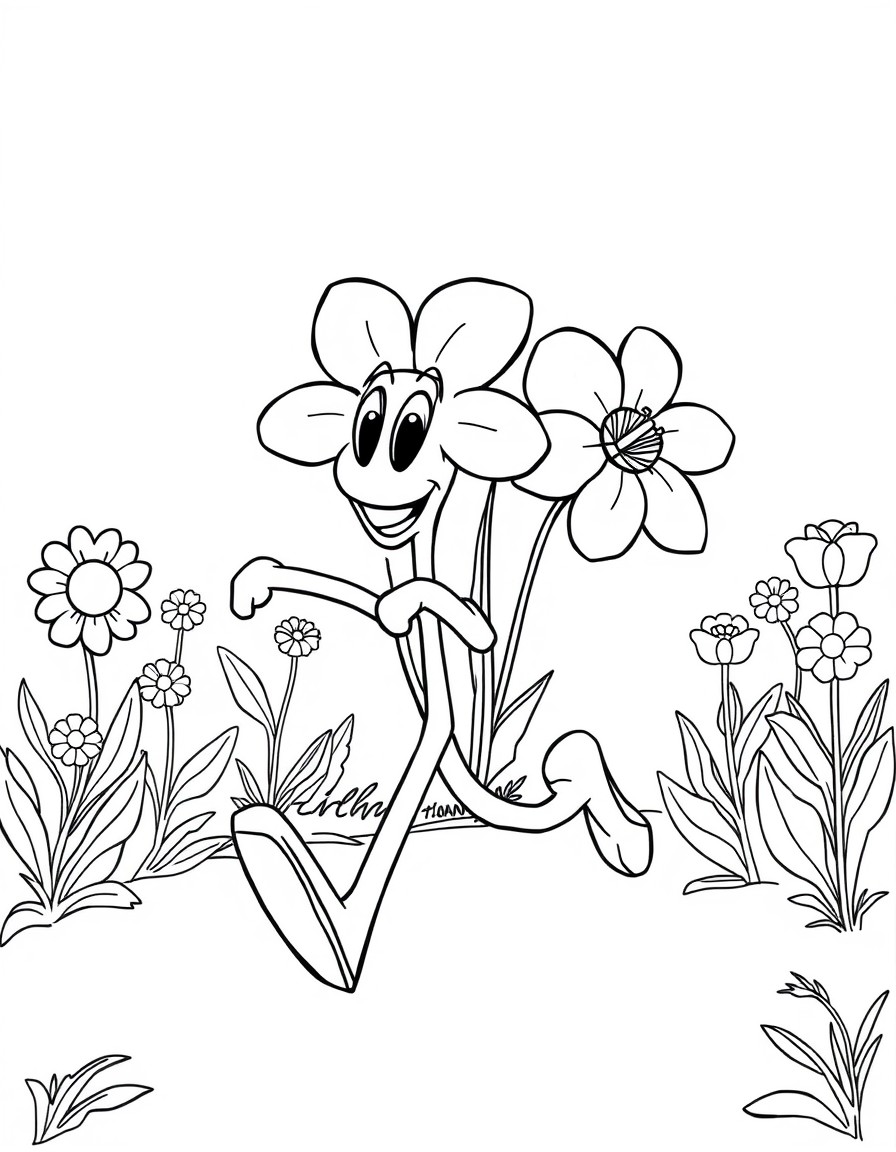 Sweet flowers running a race in cartoon