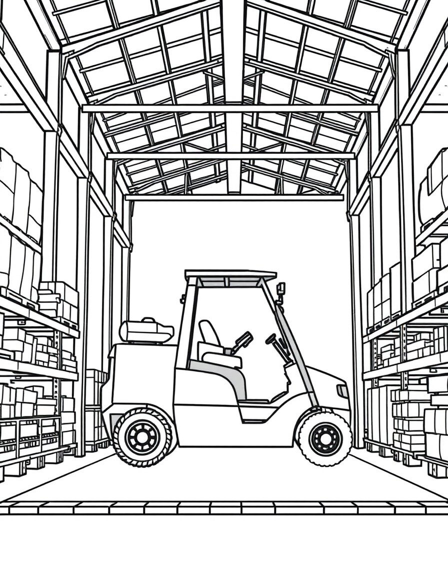 A warehouse with a forklift and truck in side