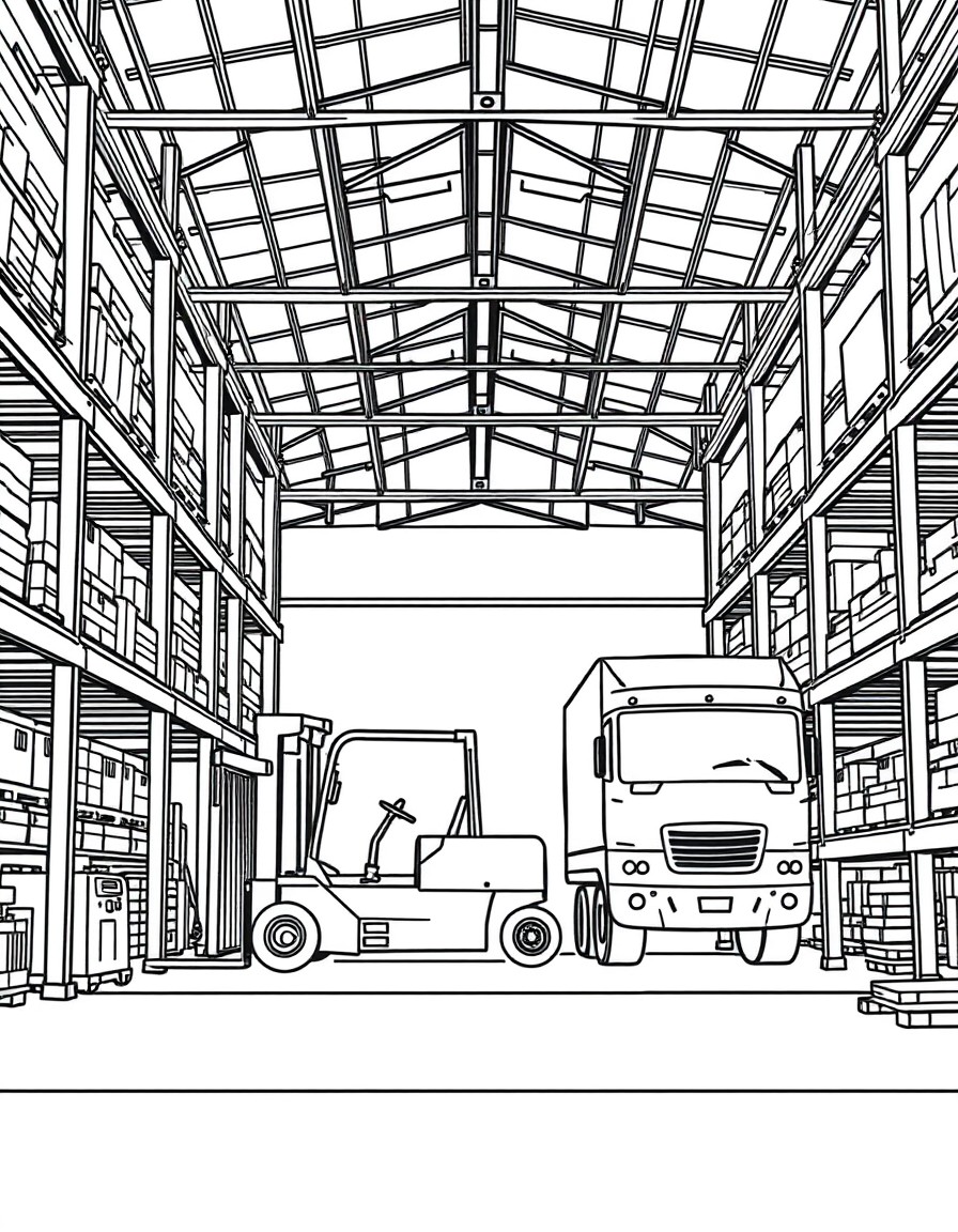 A warehouse with a forklift and truck in side