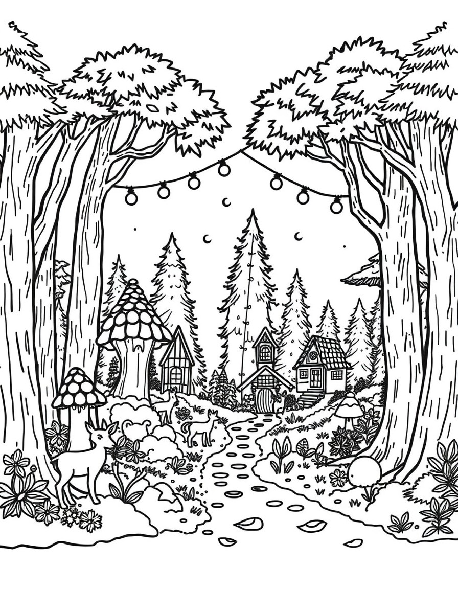 Create a coloring page that shows a hidden village deep in an enchanted forest. Include tiny mushroom houses, fairy lights strung between trees, gentle forest creatures like deer and foxes, and maybe