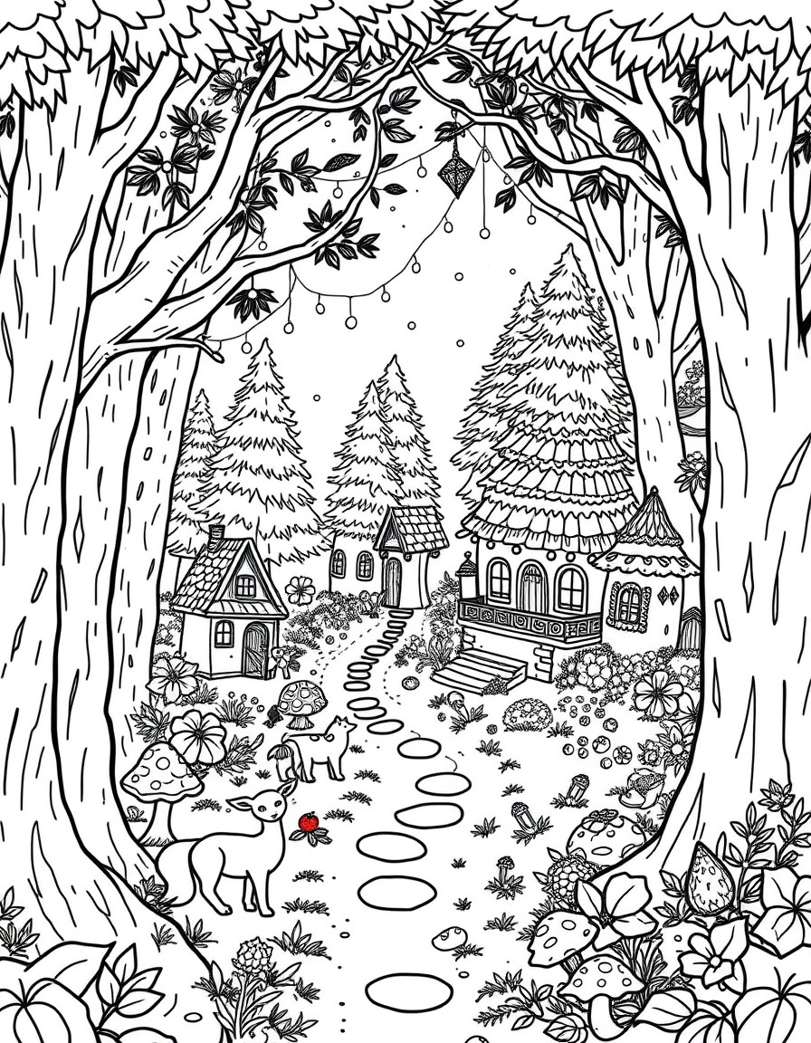 Create a coloring page that shows a hidden village deep in an enchanted forest. Include tiny mushroom houses, fairy lights strung between trees, gentle forest creatures like deer and foxes, and maybe
