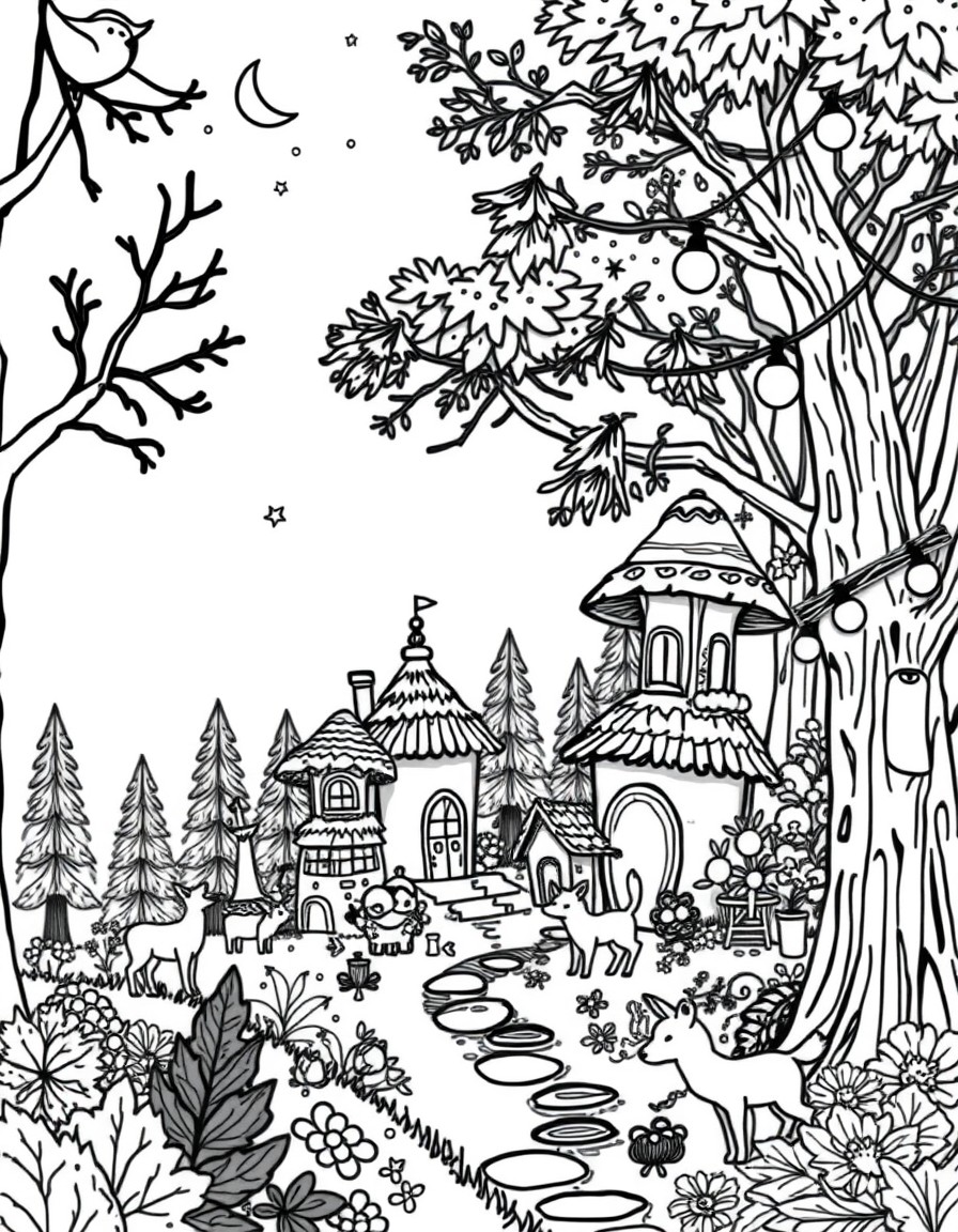 Create a coloring page that shows a hidden village deep in an enchanted forest. Include tiny mushroom houses, fairy lights strung between trees, gentle forest creatures like deer and foxes, and maybe