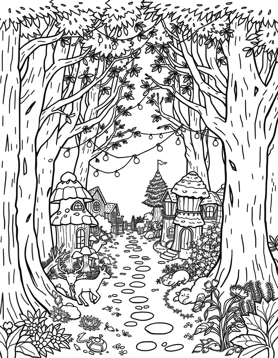 Create a coloring page that shows a hidden village deep in an enchanted forest. Include tiny mushroom houses, fairy lights strung between trees, gentle forest creatures like deer and foxes, and maybe