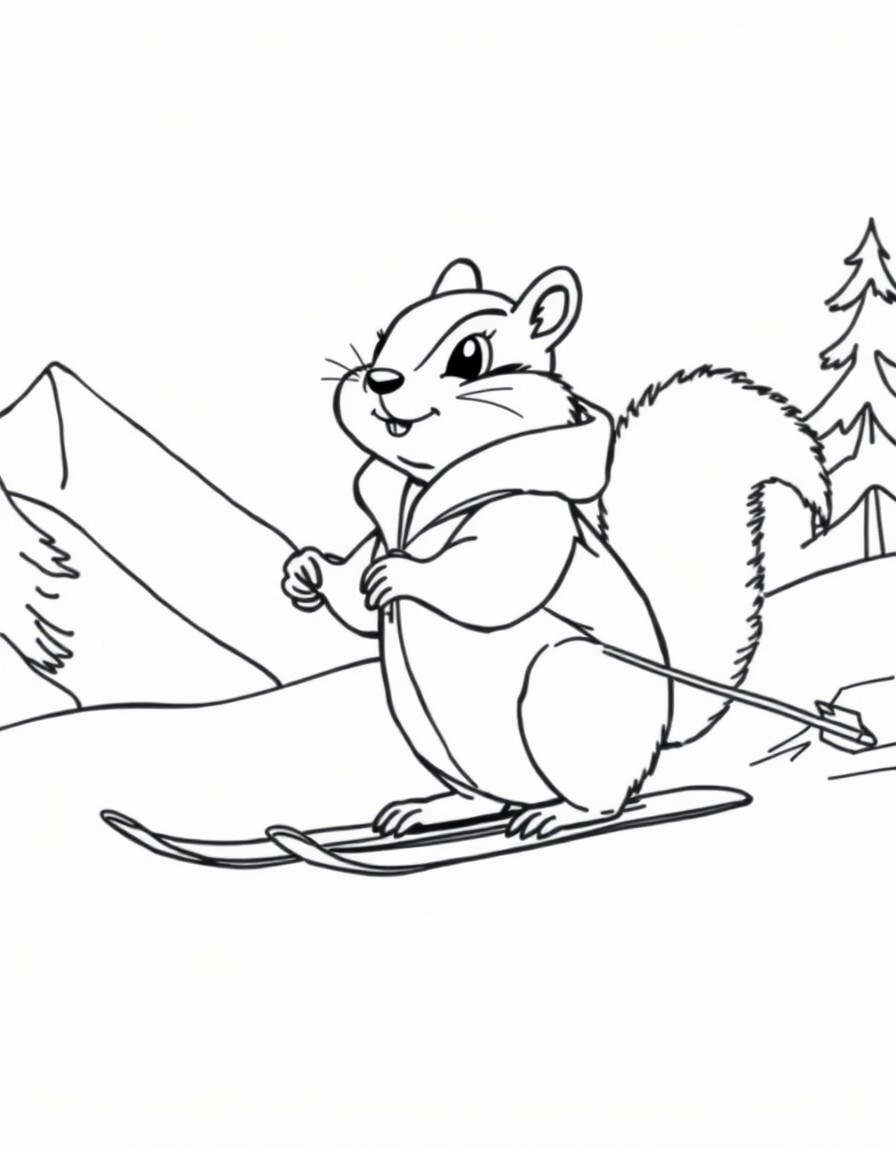 Chipmunk on skis going down a mountain in a poofy jacket