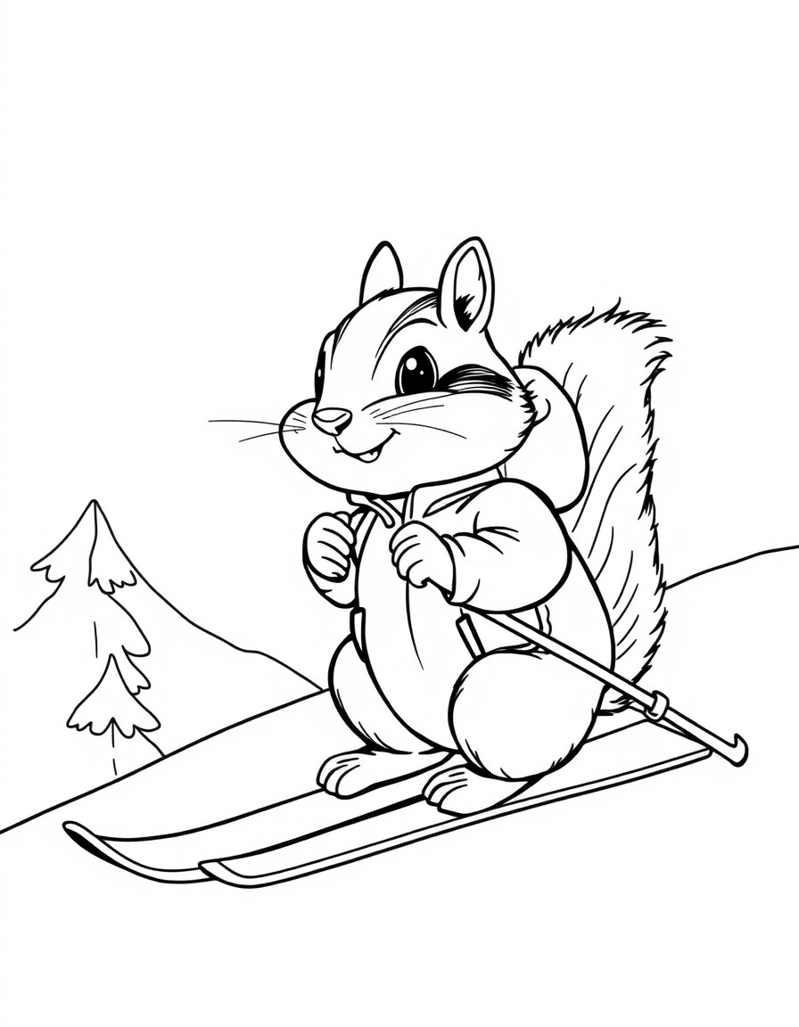 Chipmunk on skis going down a mountain in a poofy jacket