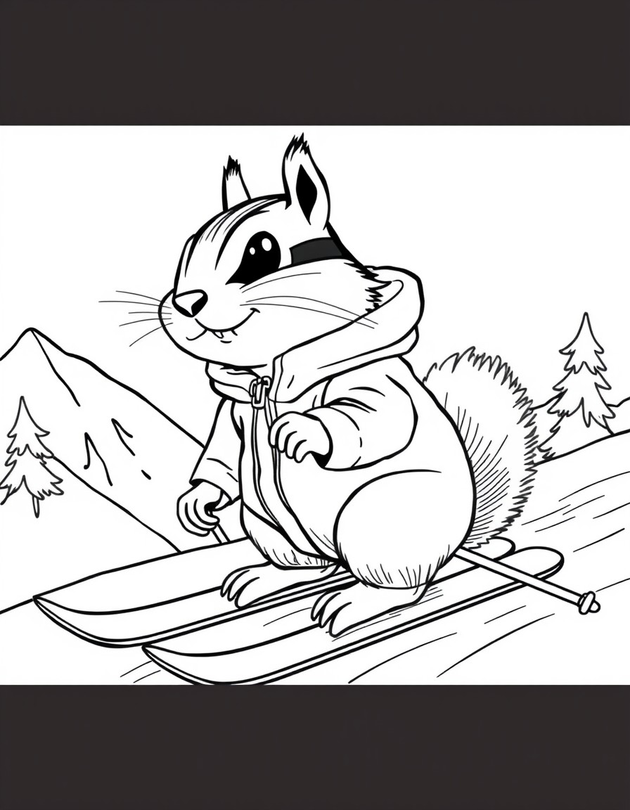 Chipmunk on skis going down a mountain in a poofy jacket