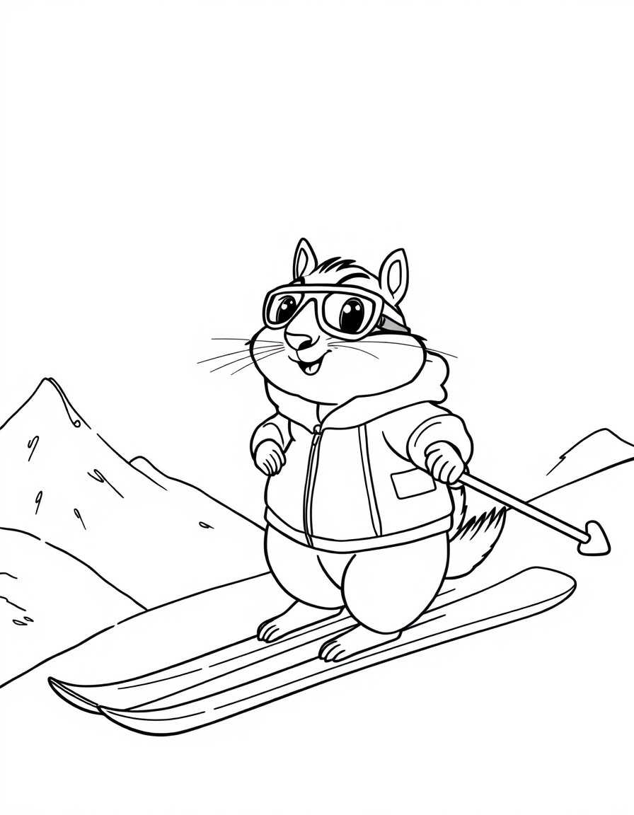 Chipmunk on skis going down a mountain in a poofy jacket