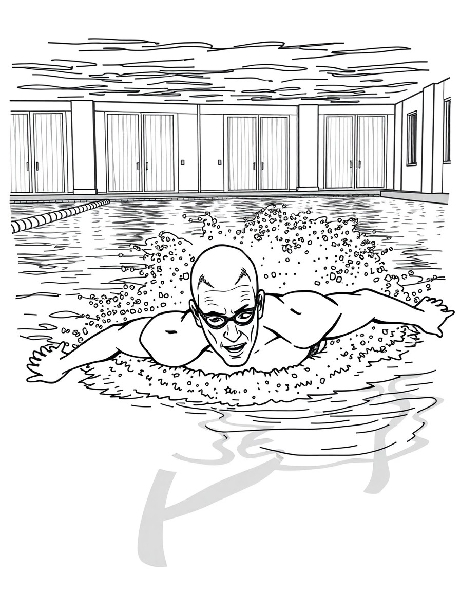 Middle age man swimming the freestyle stroke in an indoor swimming pool