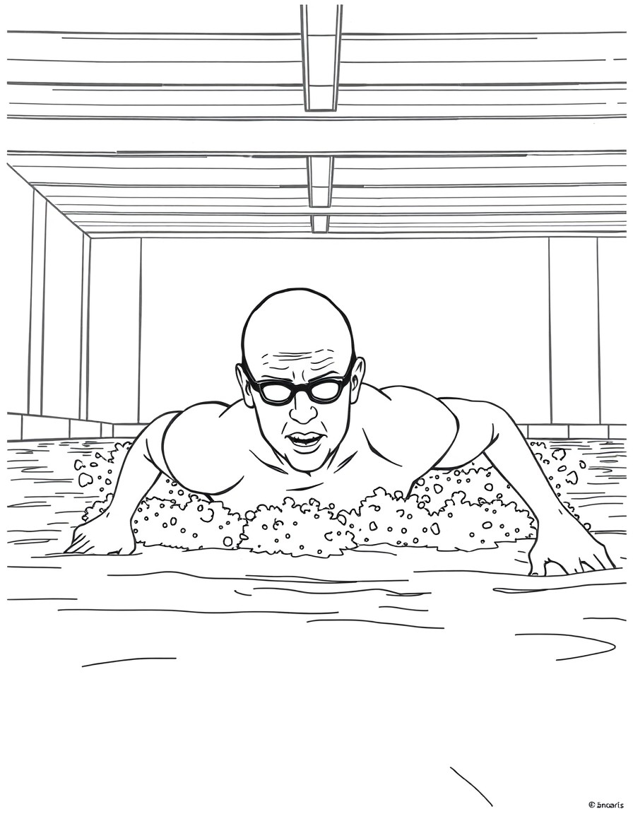 Middle age man swimming the freestyle stroke in an indoor swimming pool