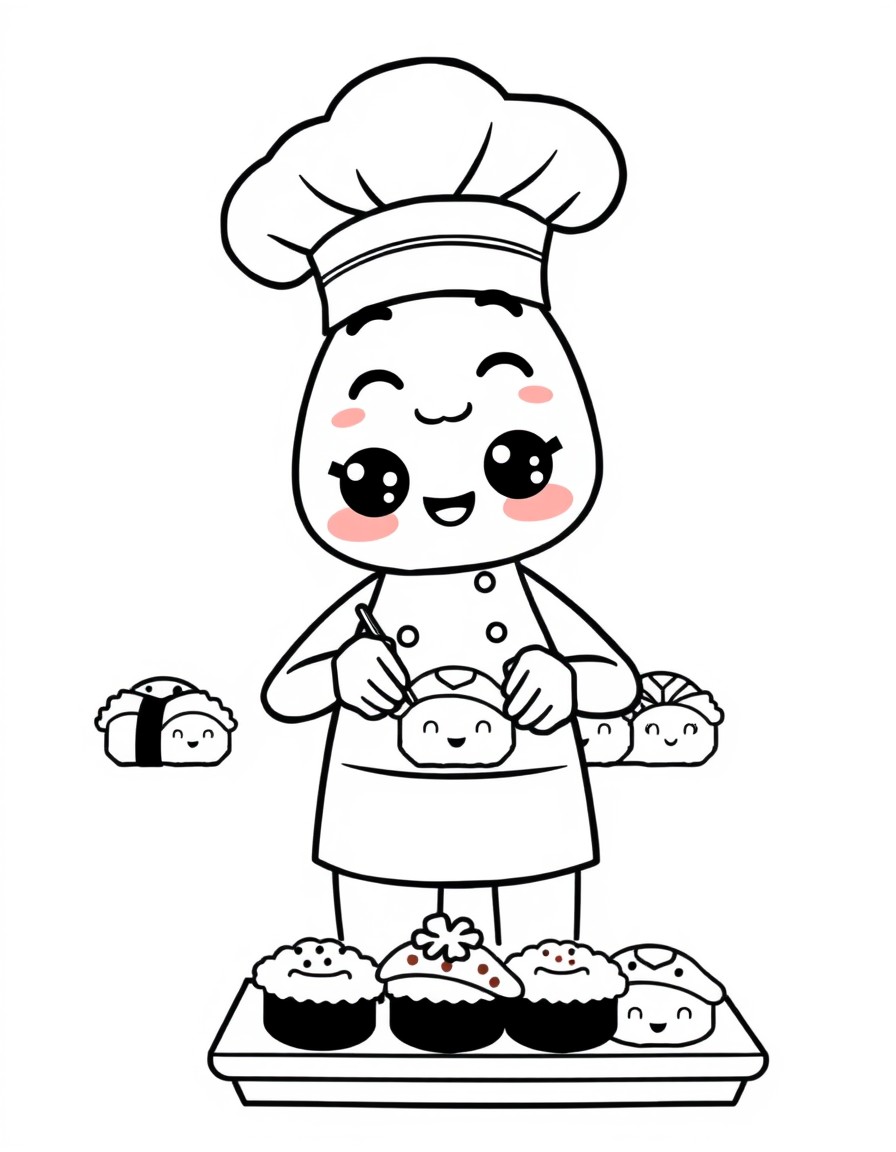 A kawaii-style sushi chef preparing adorable sushi characters with giant eyes and cute smiles