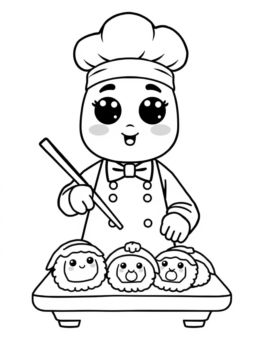 A kawaii-style sushi chef preparing adorable sushi characters with giant eyes and cute smiles