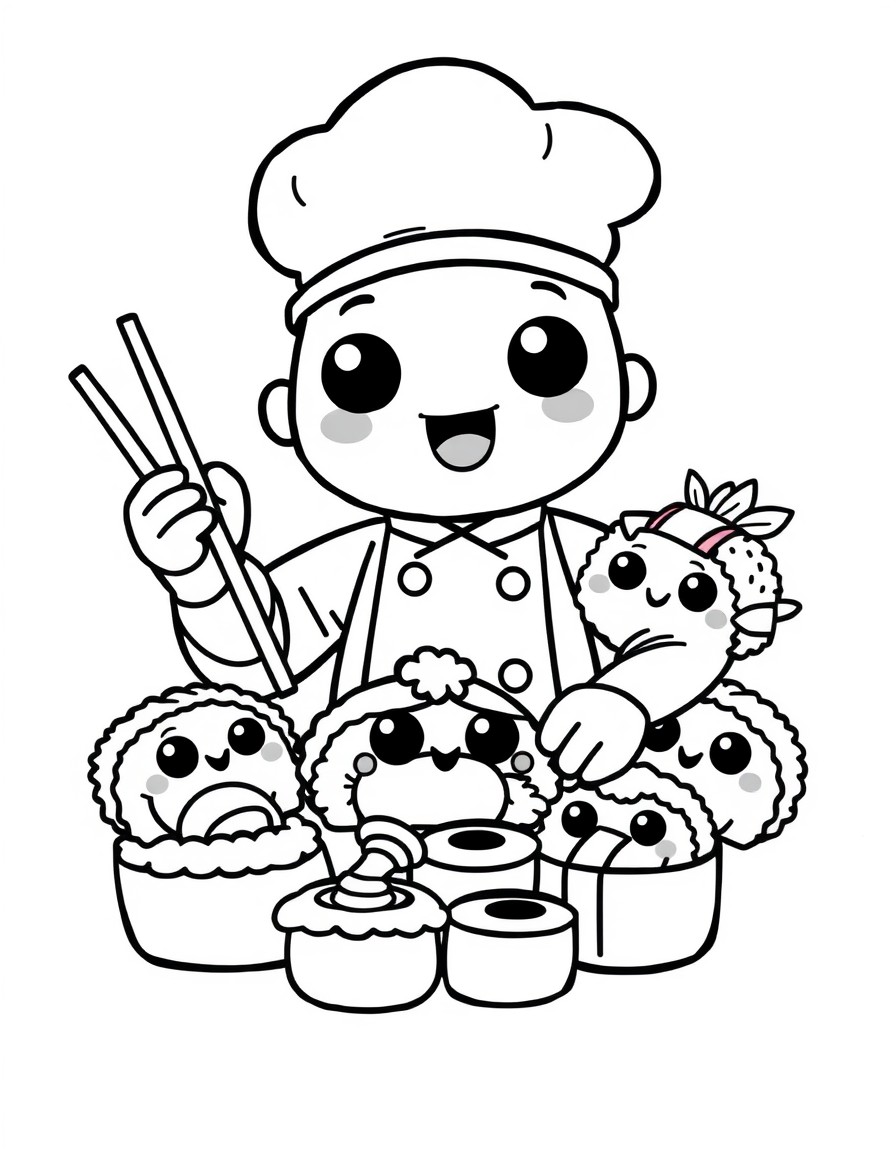 A kawaii-style sushi chef preparing adorable sushi characters with giant eyes and cute smiles