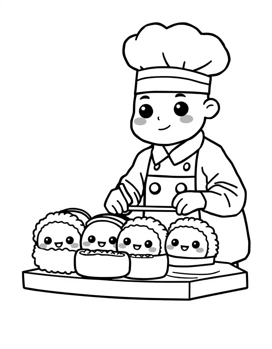 A kawaii-style sushi chef preparing adorable sushi characters with giant eyes and cute smiles