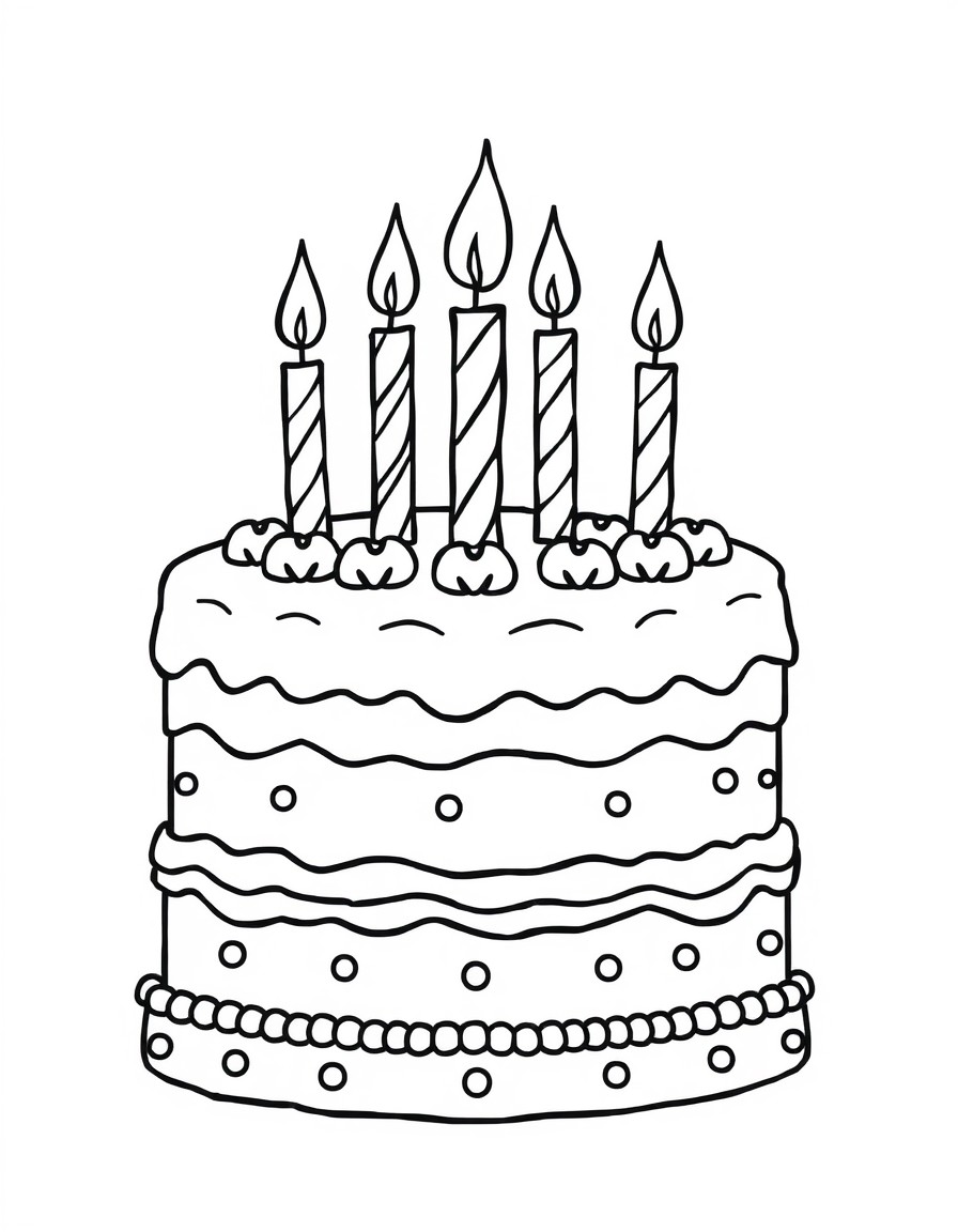 Create a line drawing of a cake with candles on it. It should be bold, easy simple that 2 year old can color in it.
