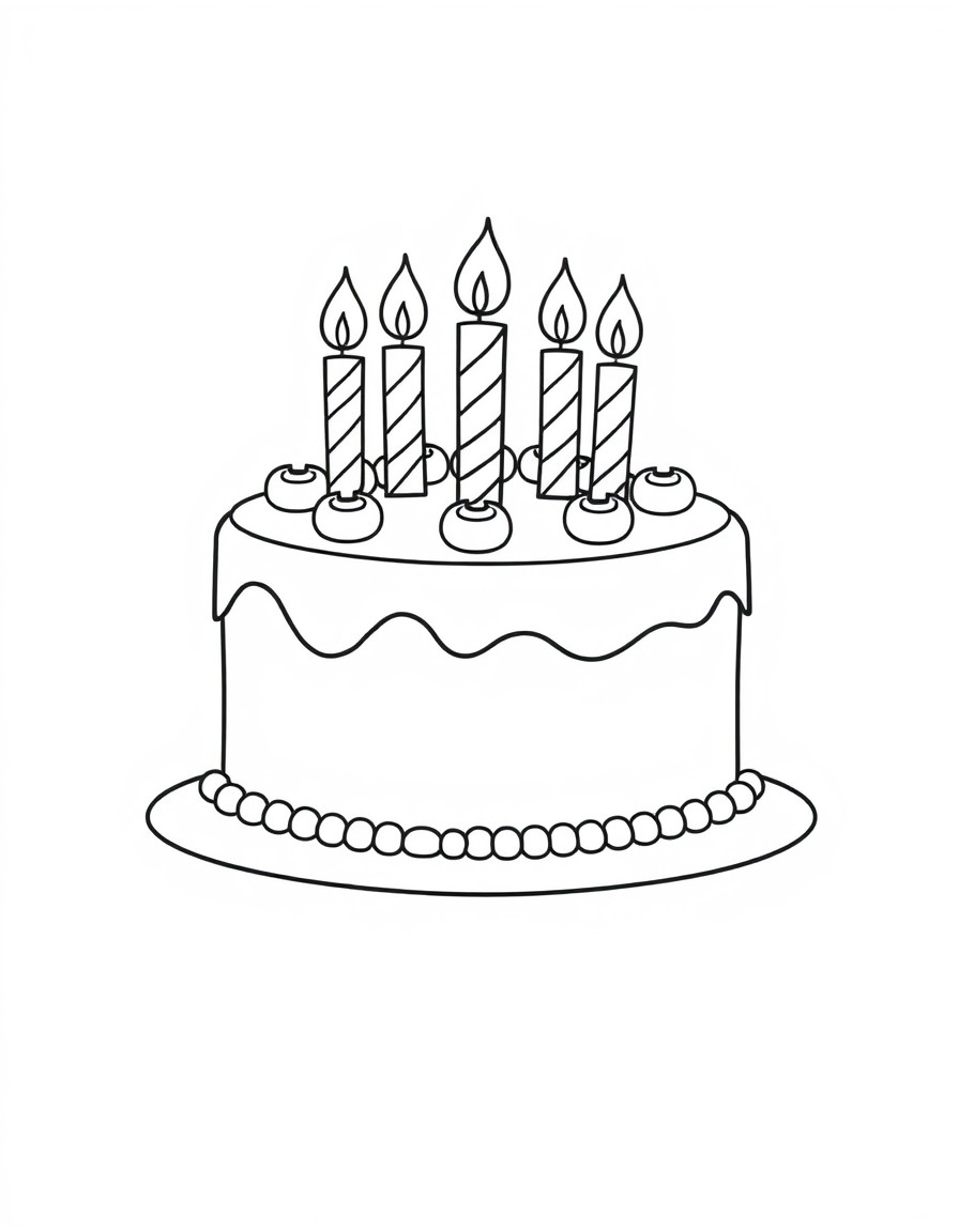 Create a line drawing of a cake with candles on it. It should be bold, easy simple that 2 year old can color in it.