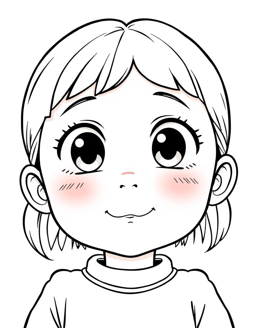 An anime style character of a 6 year old girl with an innocent and sweet expression. She has large bright eyes full of wonder and curiosity with dark brown irises. Her cheeks are rosy giving her a you