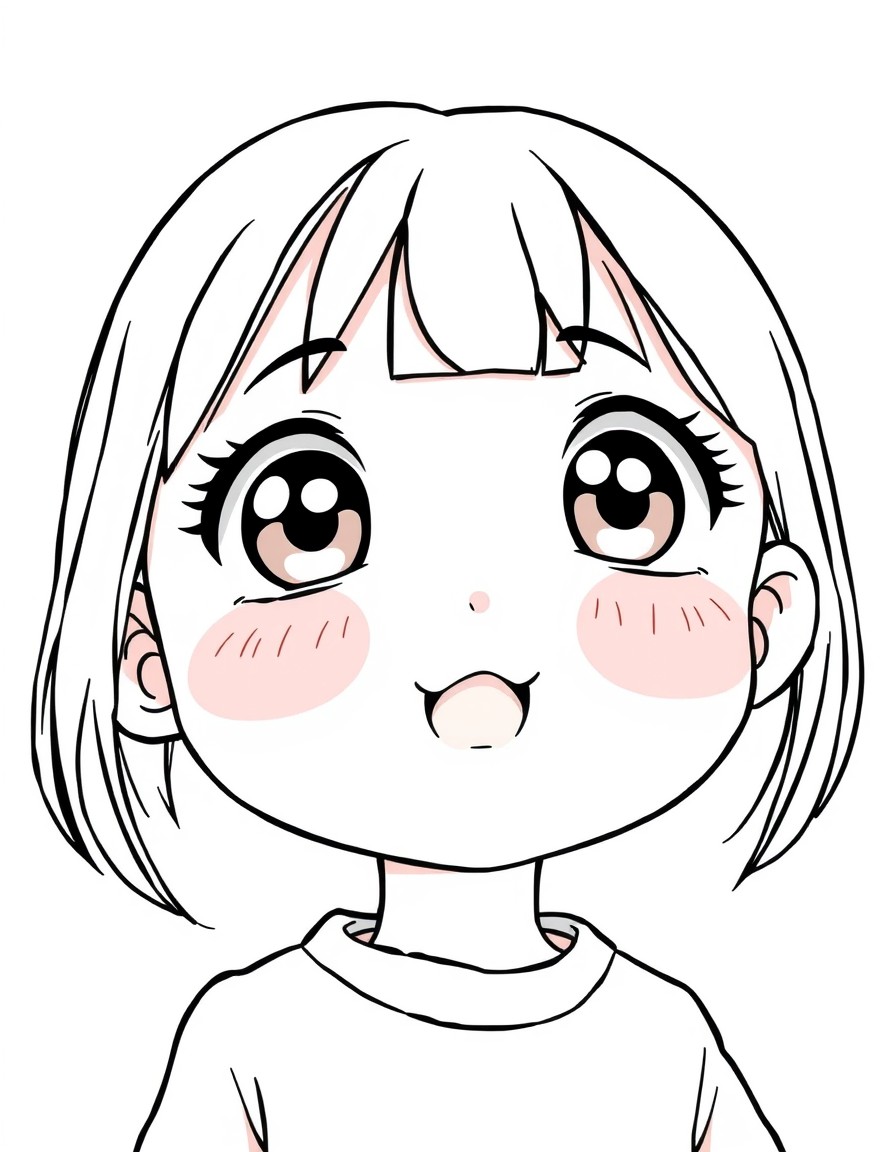 An anime style character of a 6 year old girl with an innocent and sweet expression. She has large bright eyes full of wonder and curiosity with dark brown irises. Her cheeks are rosy giving her a you