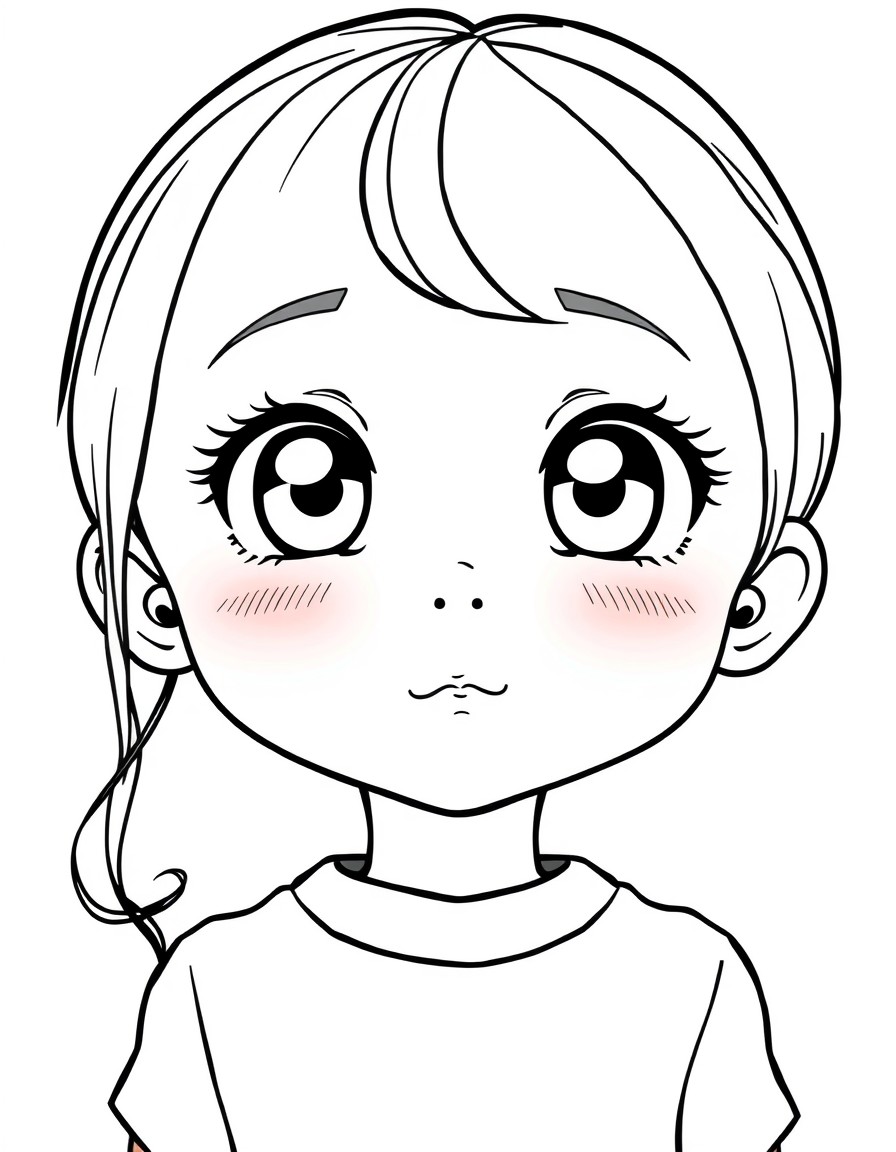 An anime style character of a 6 year old girl with an innocent and sweet expression. She has large bright eyes full of wonder and curiosity with dark brown irises. Her cheeks are rosy giving her a you