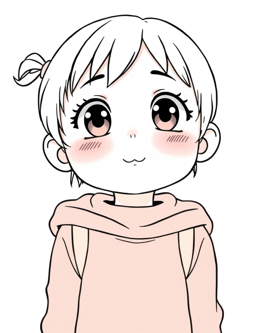 An anime style character of a 6 year old girl with an innocent and sweet expression. She has large bright eyes full of wonder and curiosity with dark brown irises. Her cheeks are rosy giving her a you