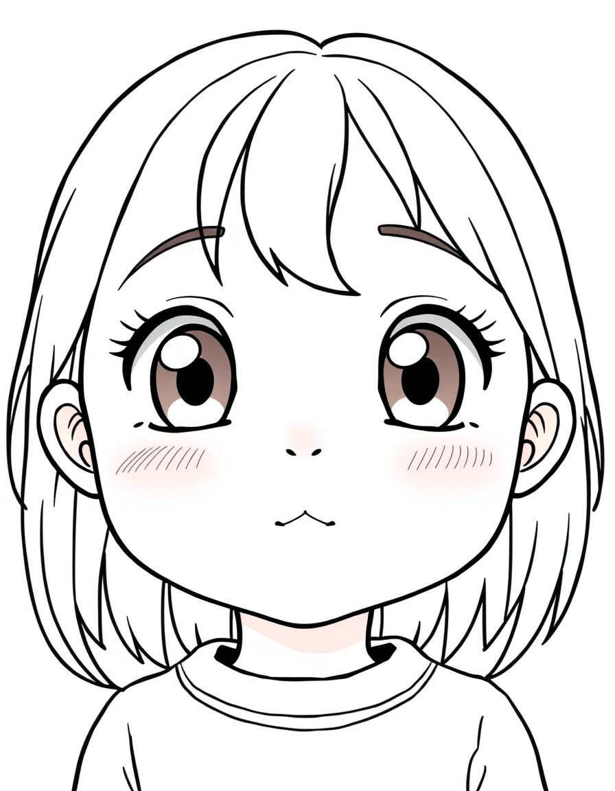 An anime style character of a 6 year old girl with an innocent and sweet expression. She has large bright eyes full of wonder and curiosity with dark brown irises. Her cheeks are rosy giving her a you