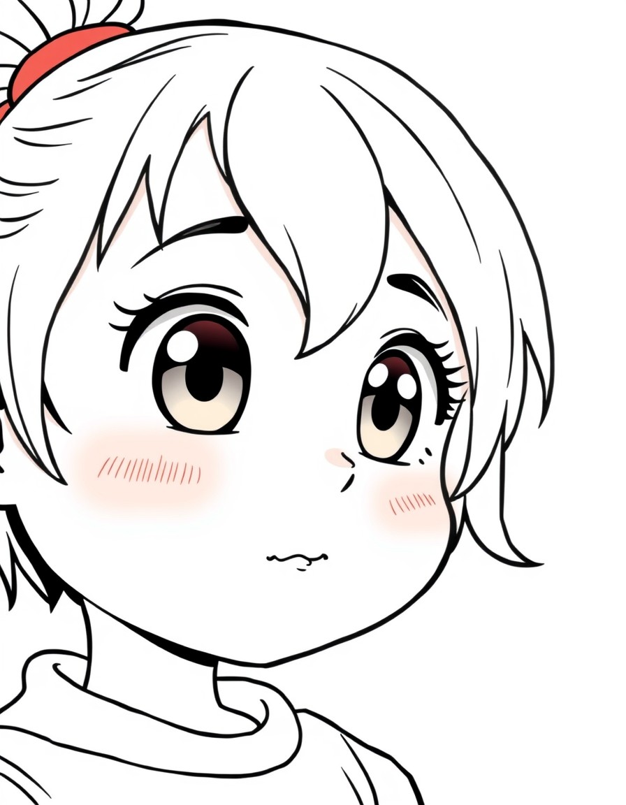 An anime style character of a 6 year old girl with an innocent and sweet expression. She has large bright eyes full of wonder and curiosity with dark brown irises. Her cheeks are rosy giving her a you