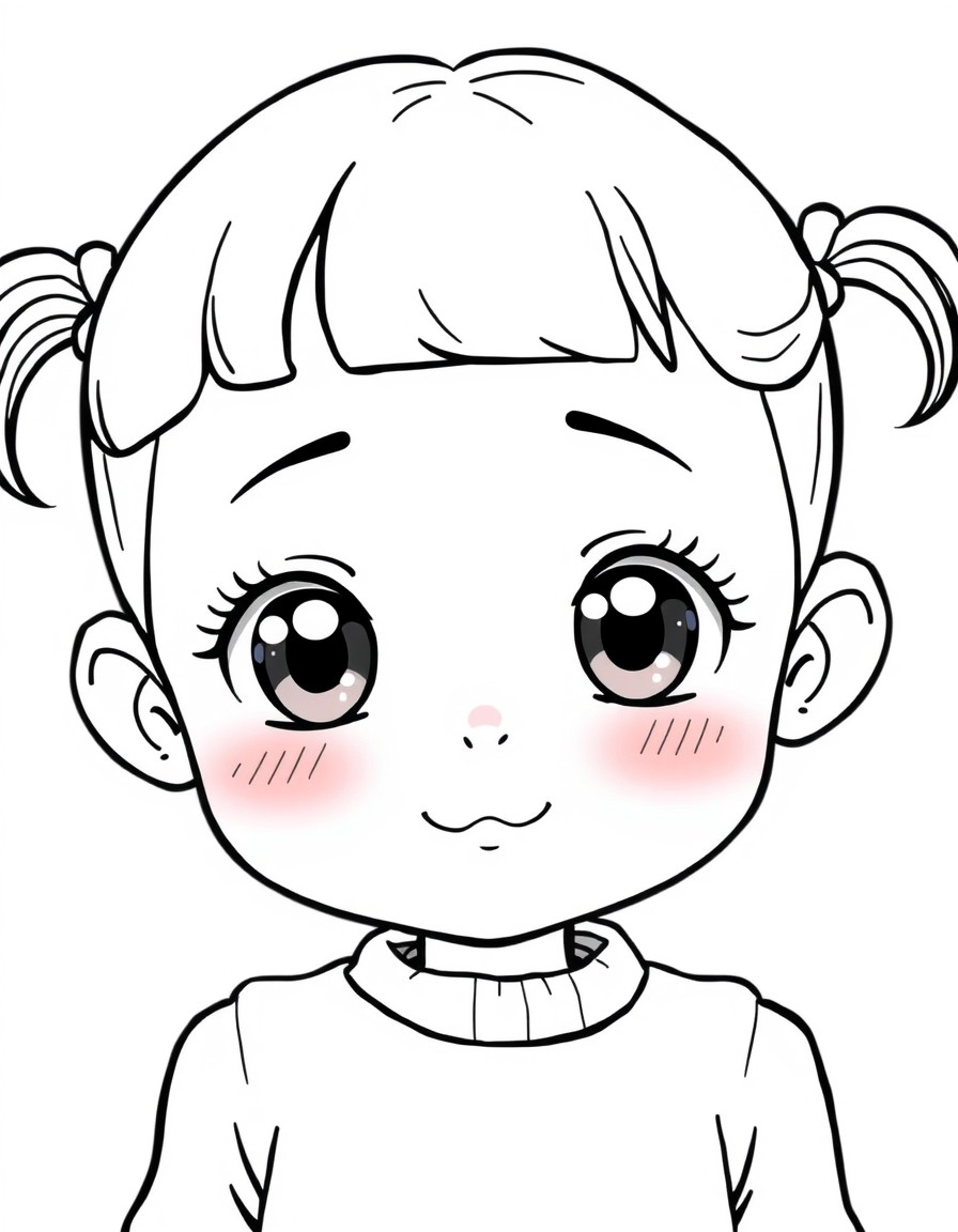 An anime style character of a 6 year old girl with an innocent and sweet expression. She has large bright eyes full of wonder and curiosity with dark brown irises. Her cheeks are rosy giving her a you