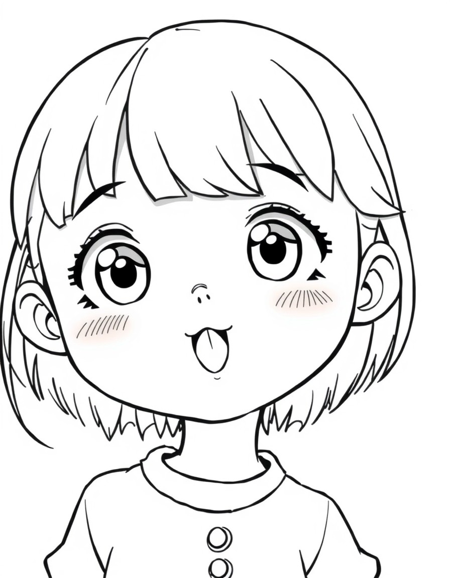 An anime style character of a 6 year old girl with an innocent and sweet expression. She has large bright eyes full of wonder and curiosity with dark brown irises. Her cheeks are rosy giving her a you