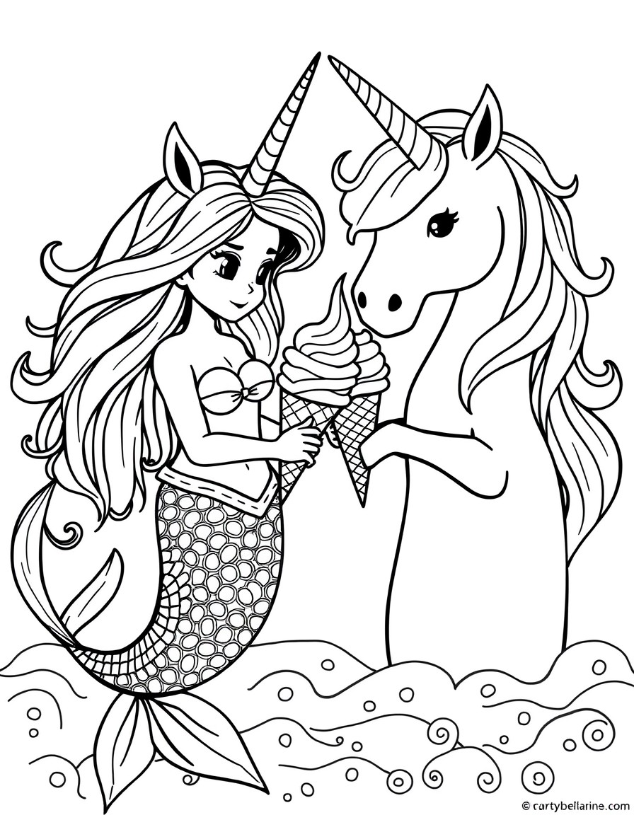 A mermaid and a unicorn sharing ice cream cones