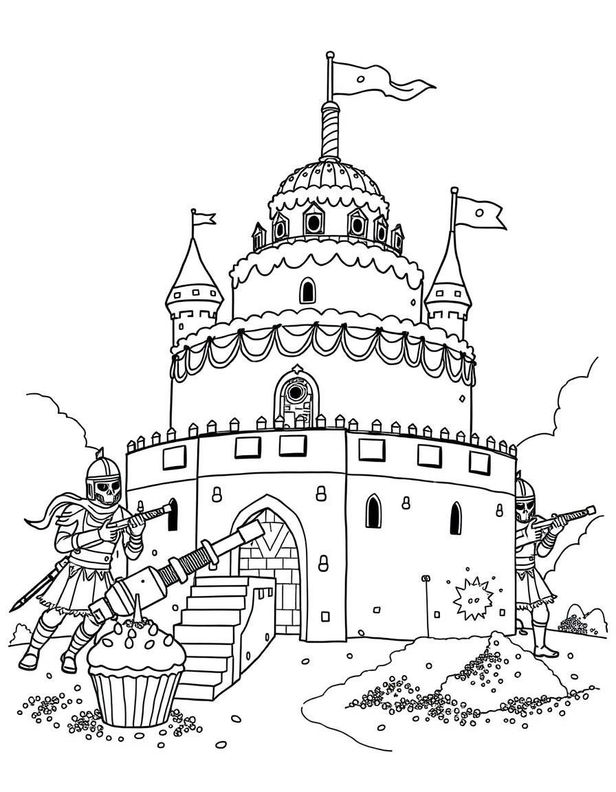 A giant birthday cake fortress defended by cupcake warriors and sprinkle cannons