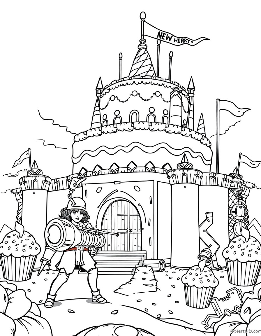 A giant birthday cake fortress defended by cupcake warriors and sprinkle cannons
