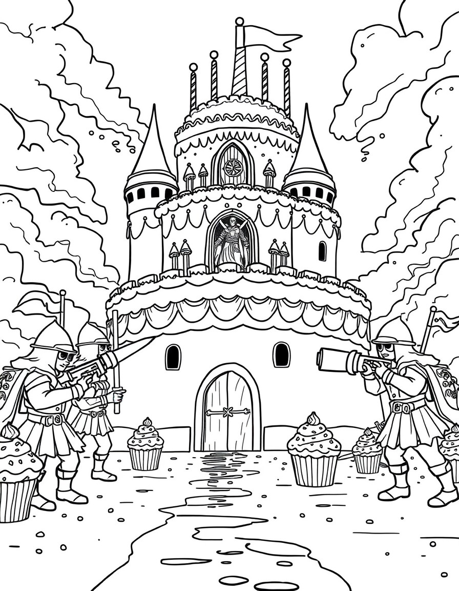 A giant birthday cake fortress defended by cupcake warriors and sprinkle cannons