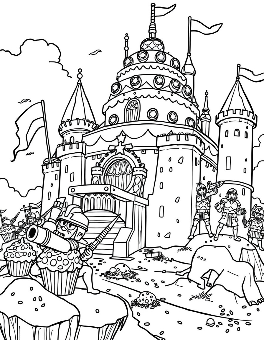 A giant birthday cake fortress defended by cupcake warriors and sprinkle cannons