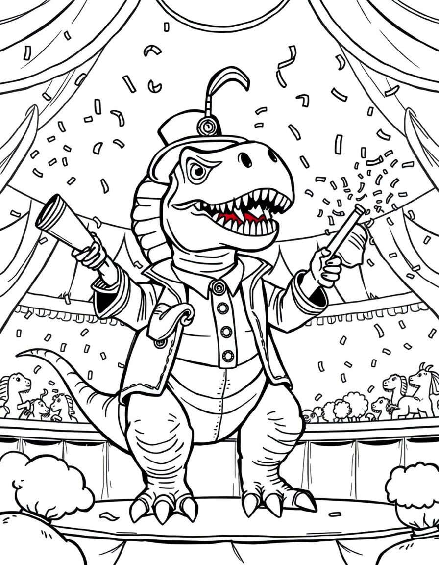 A dinosaur circus ringmaster announcing acts with confetti cannons